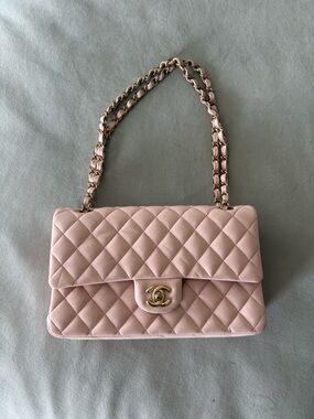 CHANEL Pale Pink Quilted Flap Shoulder Bag with Gold Hardware